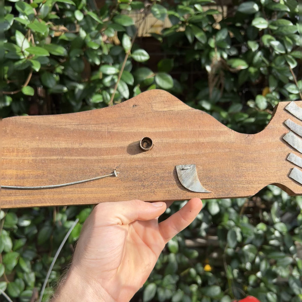 
                  
                    Load and play video in Gallery viewer, Front view of Whale Wood Art II, highlighting its rustic wooden body and galvanized steel fins
                  
                